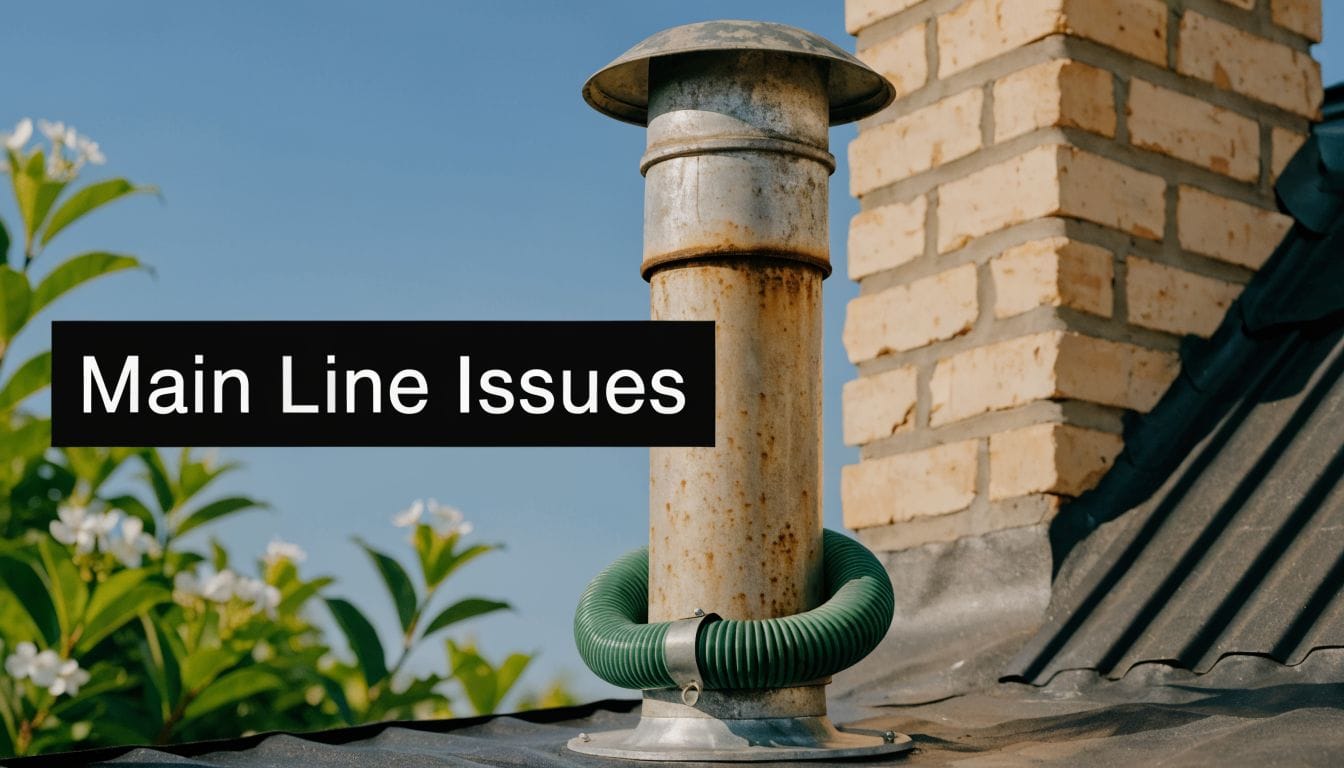 A close-up view of a metal roof vent pipe with a coiled green hose attached on top.