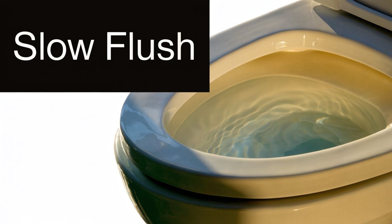 A close-up view of a toilet bowl filled with water, illustrating a problematic slow flush issue.