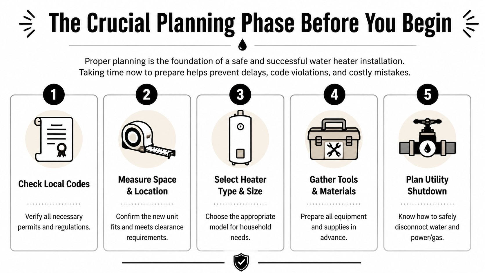 A five-step planning guide infographic for preparing a successful and safe residential water heater installation project.