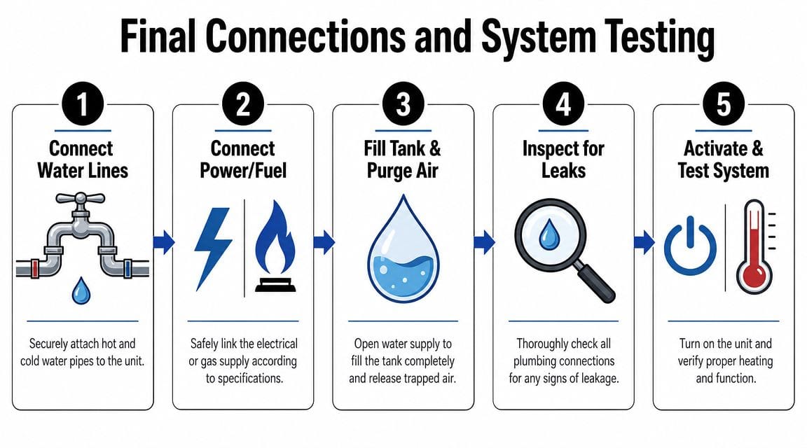 A five-step guide for final water heater installation, showing connections, power, filling, testing, and activation.