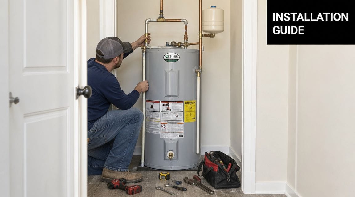 A professional technician installing a gray A.O. Smith water heater in a residential utility closet.