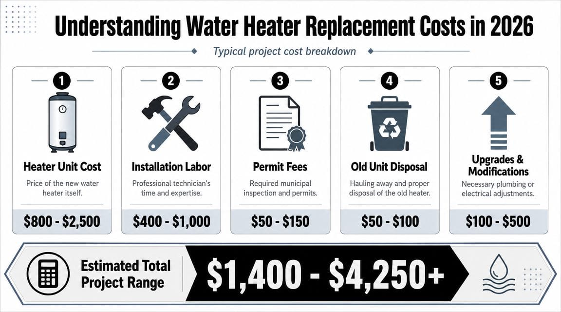 A cost breakdown infographic for water heater replacement projects in 2026, showing estimated expenses for equipment and labor.