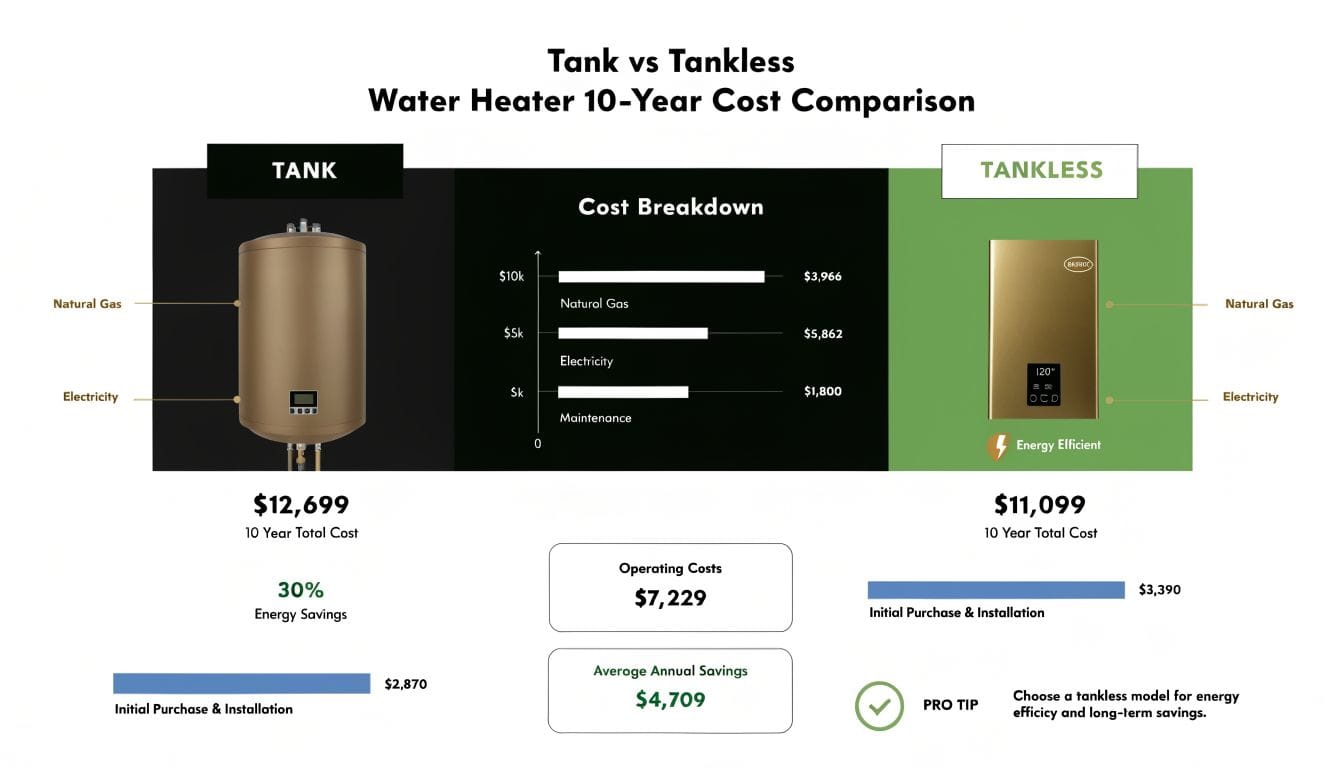 A cost comparison infographic showing total 10-year expenses for traditional tank versus tankless water heaters.