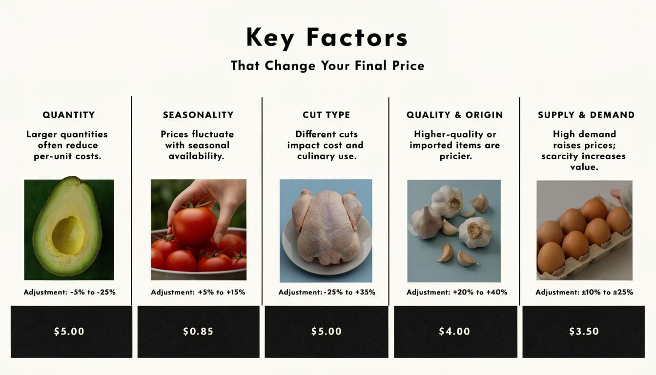 An infographic showing five key factors that influence food pricing, including quantity, seasonality, cut type, quality, and supply.