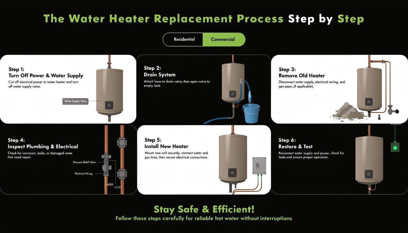 An infographic showing the step-by-step process for replacing a residential water heater system safely and efficiently.