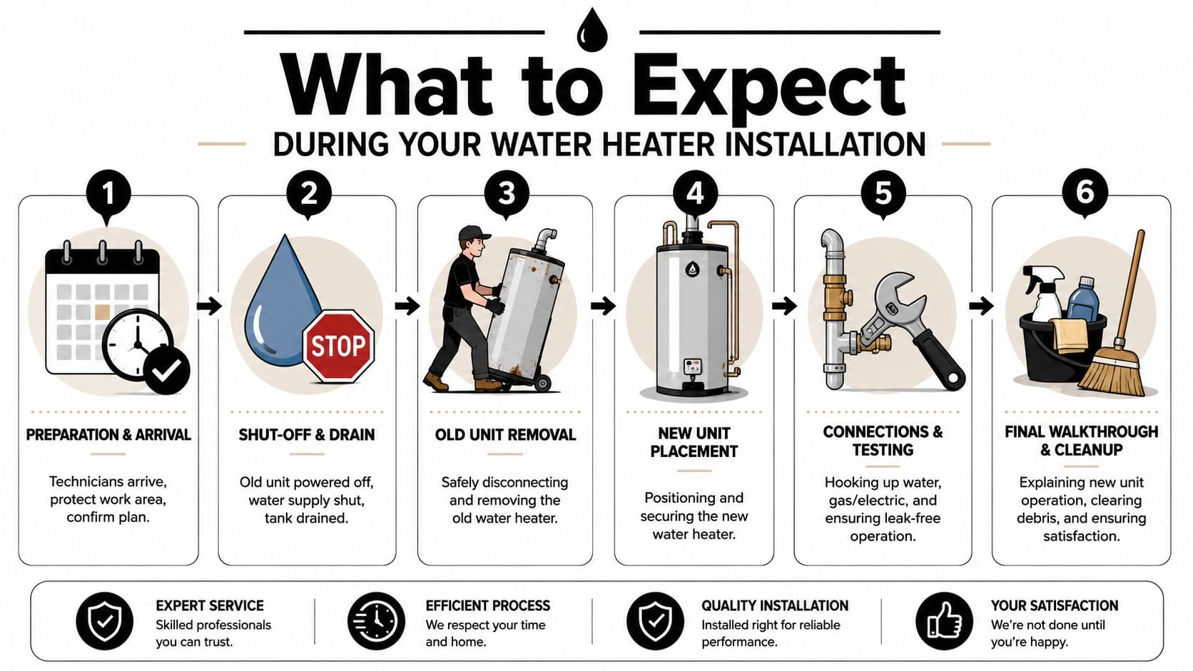 A six-step infographic showing the professional water heater replacement process from arrival to final cleanup.