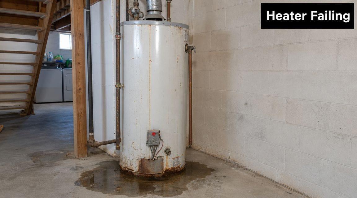 A leaking hot water heater with visible rust and water pooling on the basement concrete floor.
