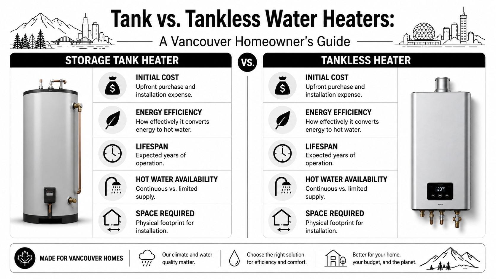 A comparison infographic between storage tank and tankless water heaters for Vancouver homeowners' reference.