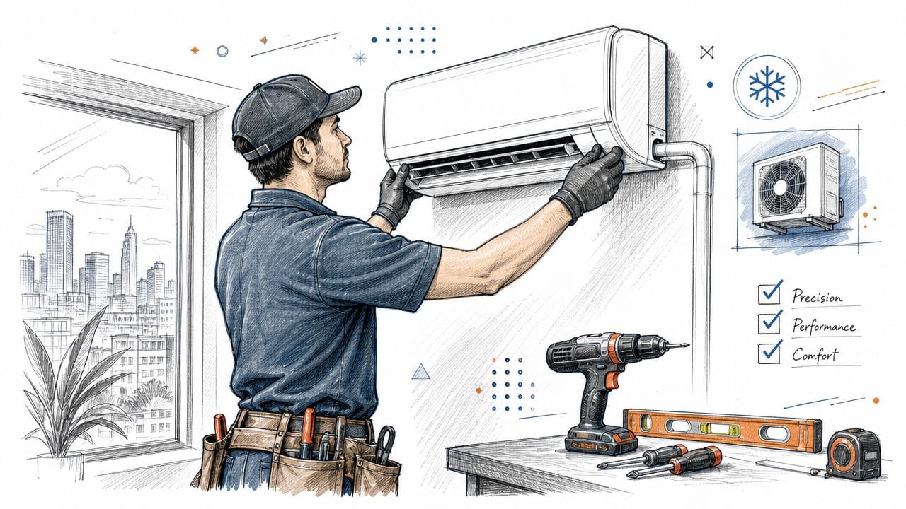 A professional technician installing a wall-mounted air conditioning unit in a modern apartment or condo.