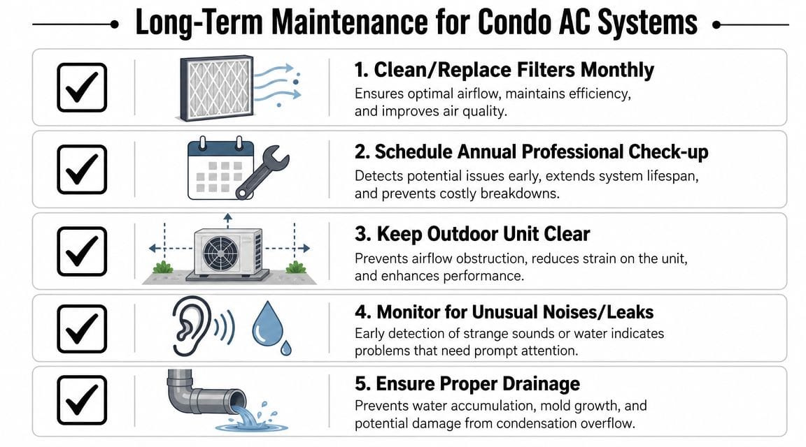 A checklist infographic detailing five essential maintenance steps for long-term condo air conditioning system care.