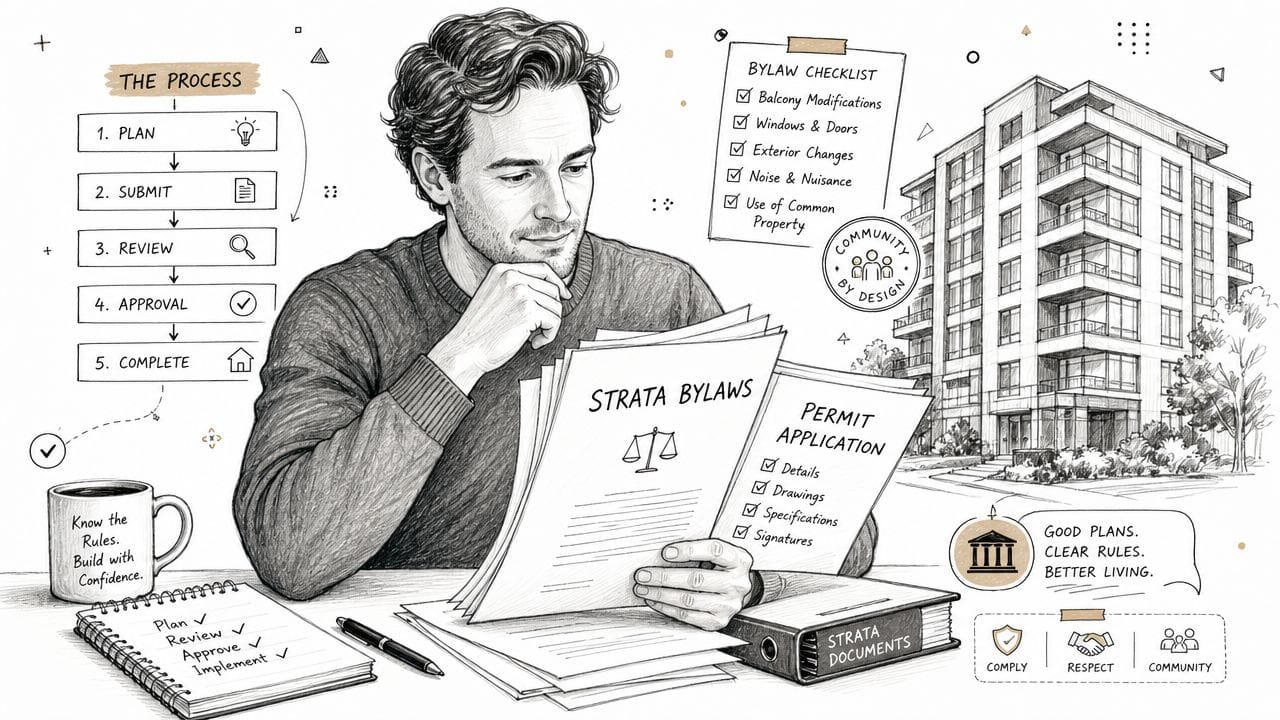 A man reviewing strata bylaws and permit application documents to ensure compliance with condo renovation rules.