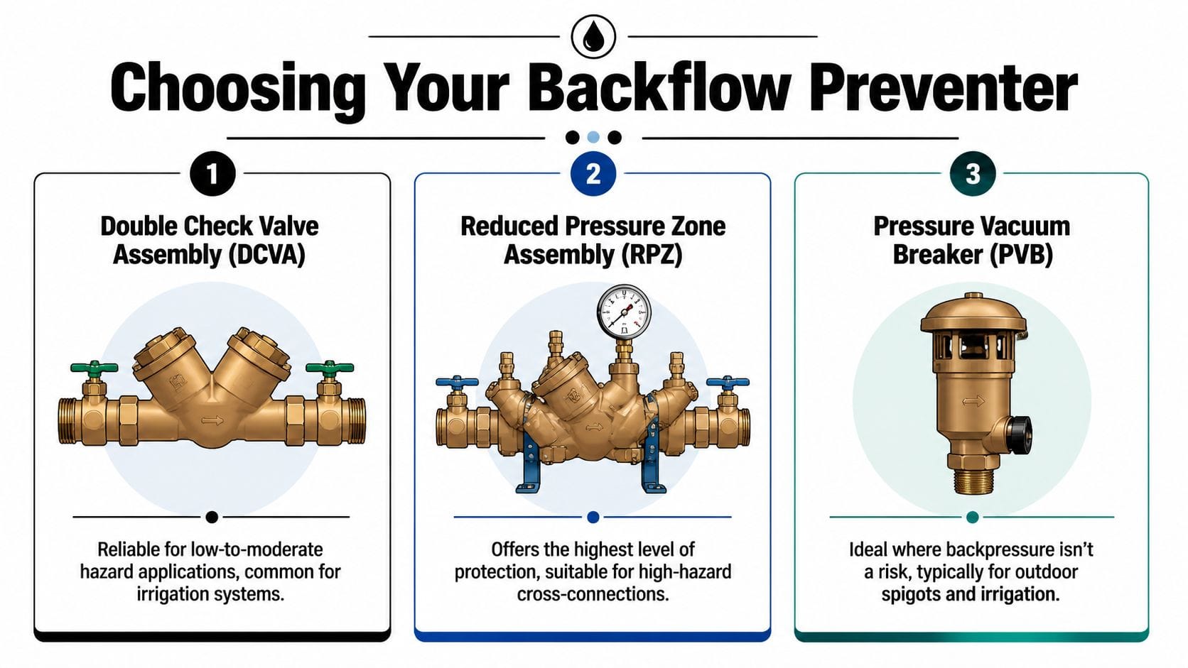 An infographic comparing three types of backflow preventers including DCVA, RPZ, and PVB for plumbing systems.
