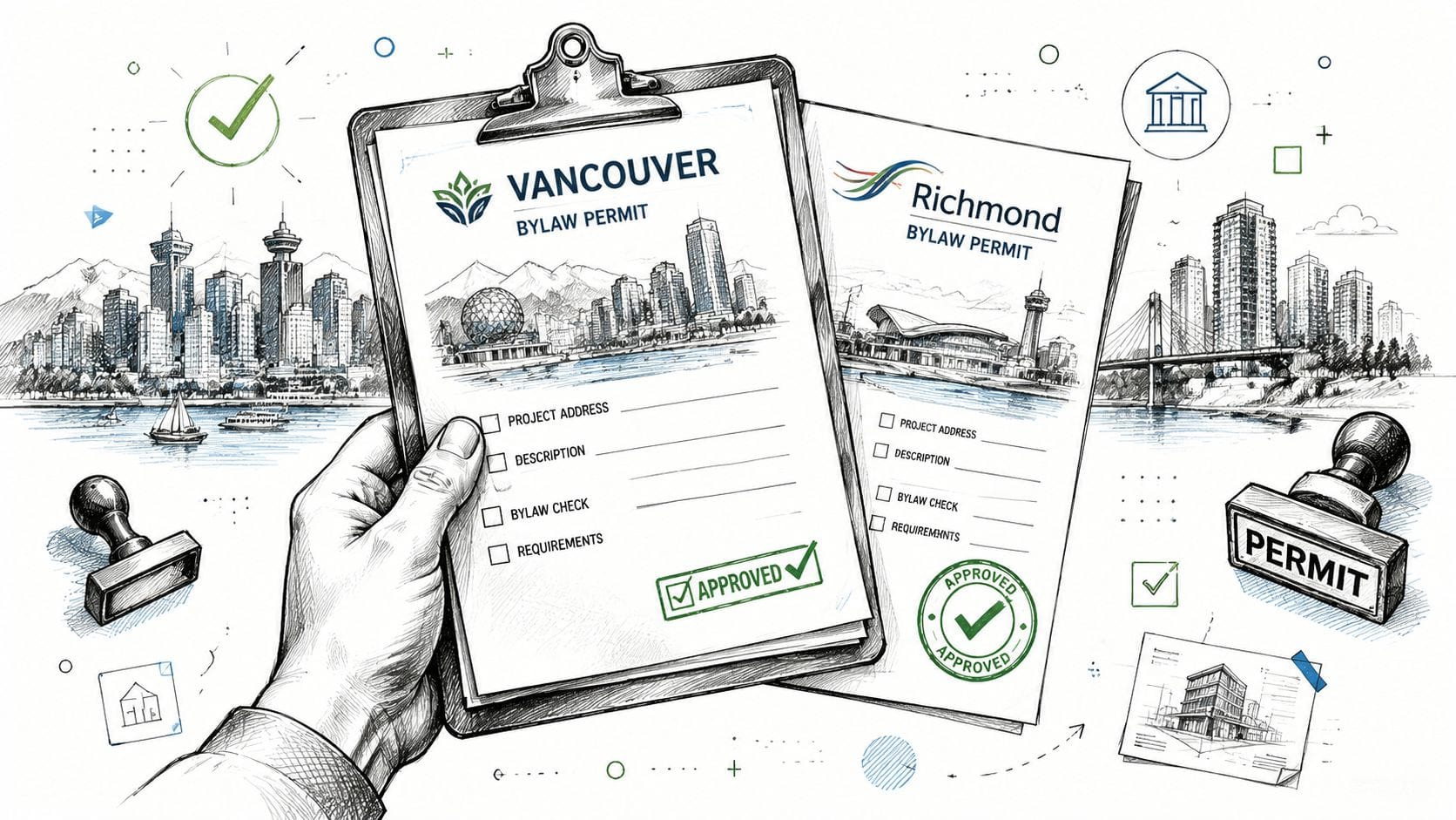 A hand holds a clipboard featuring Vancouver and Richmond bylaw permit documents with approved stamps for construction.