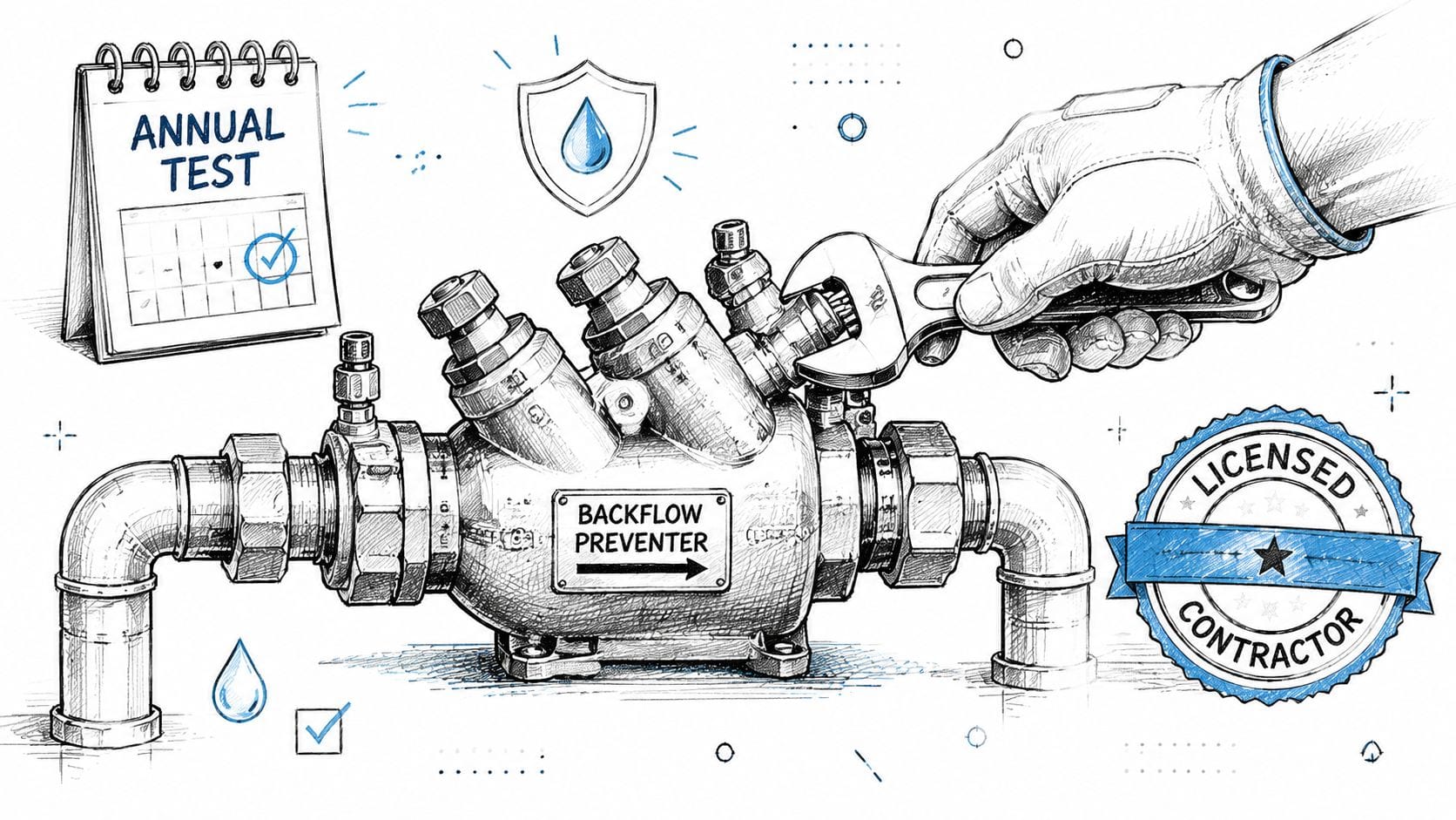 A professional technician using a wrench to service a backflow preventer assembly during an annual inspection.