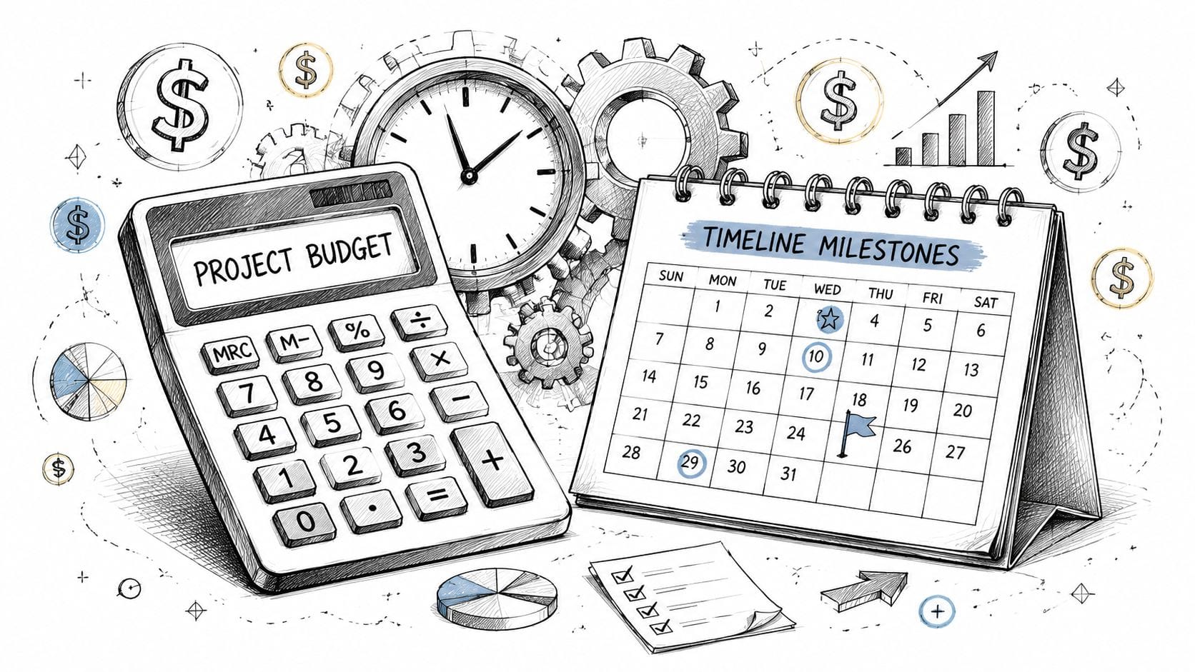 A hand-drawn illustration showing a calculator for project budget and a calendar for tracking timeline milestones.