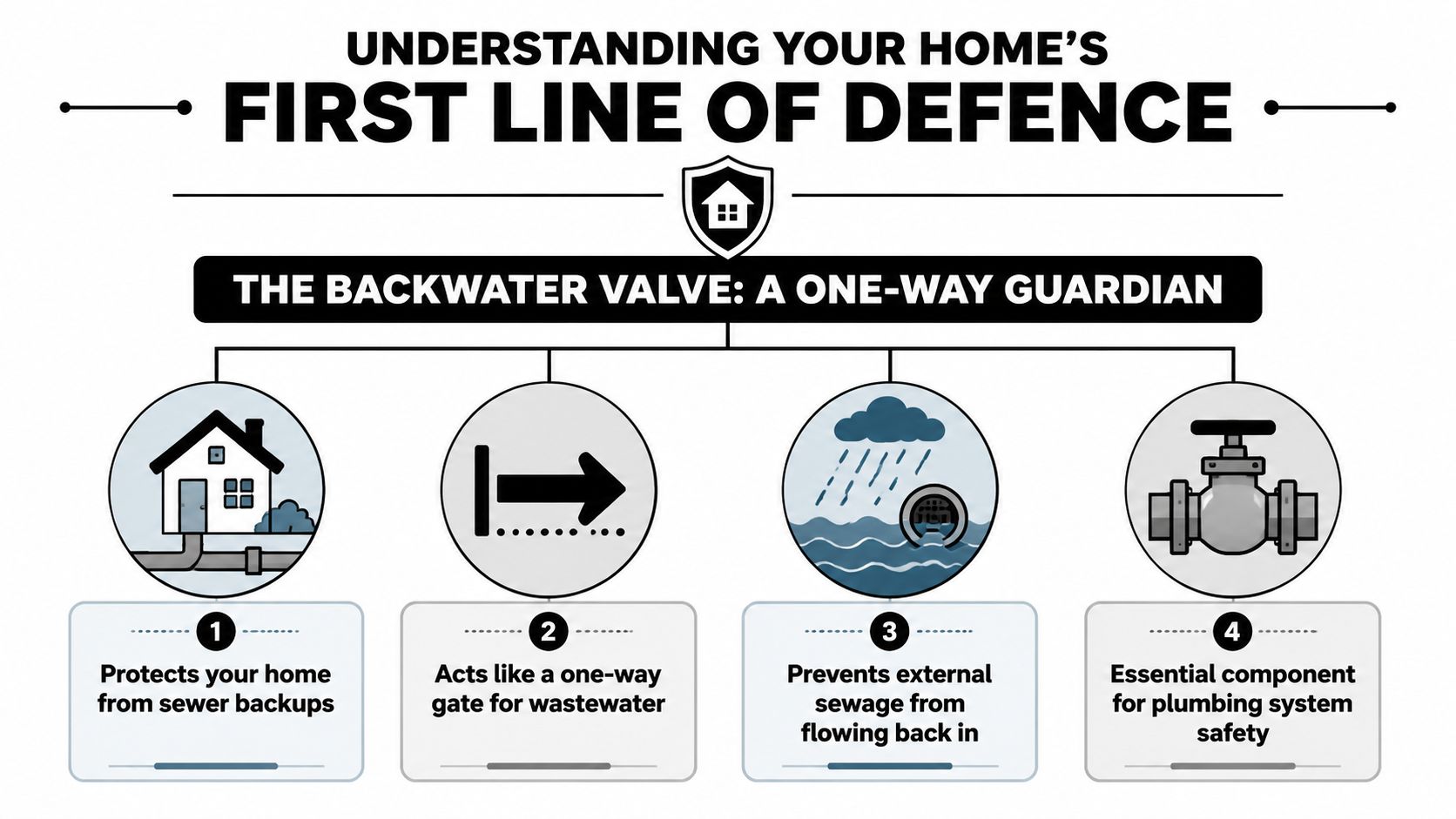 An infographic showing the four key benefits and functions of a residential backwater valve for sewer protection.