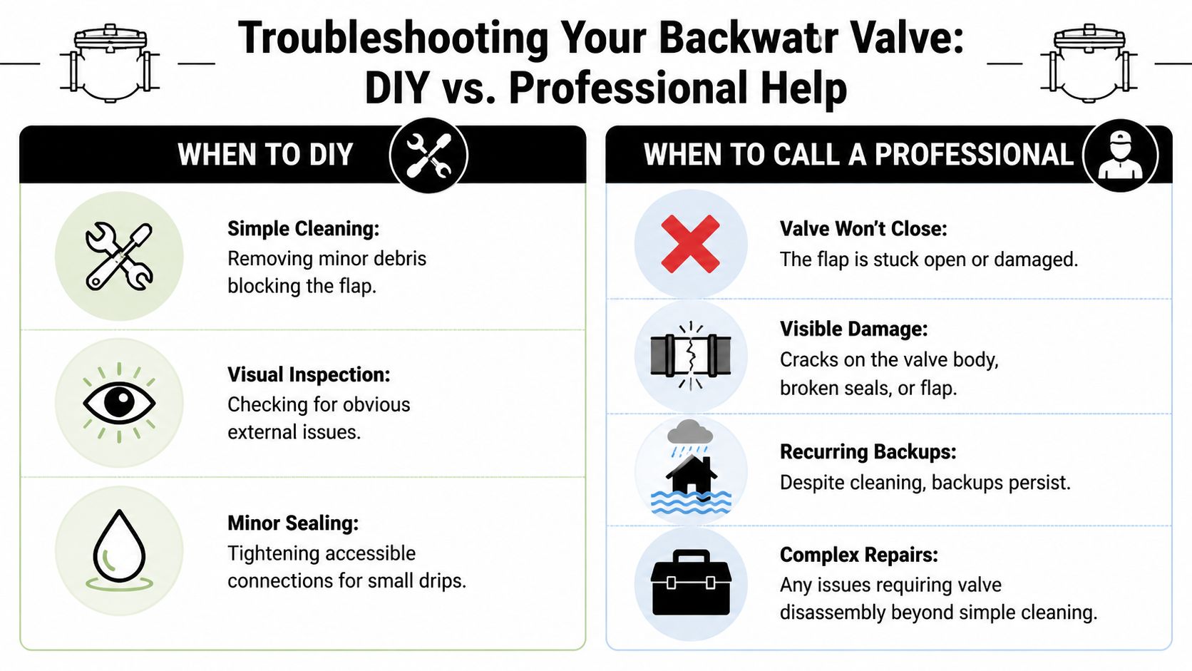 A comparison chart outlining when to perform DIY backwater valve maintenance versus when to hire a professional plumber.