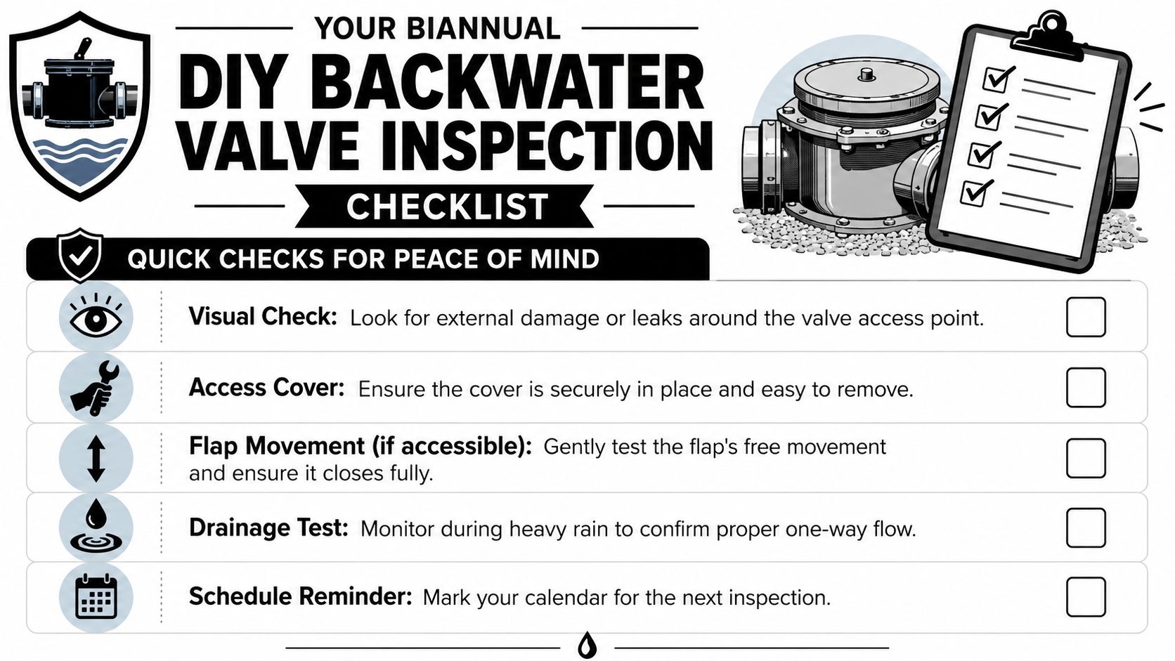 A biannual DIY backwater valve inspection checklist including steps for visual checks, access cover, and flap maintenance.