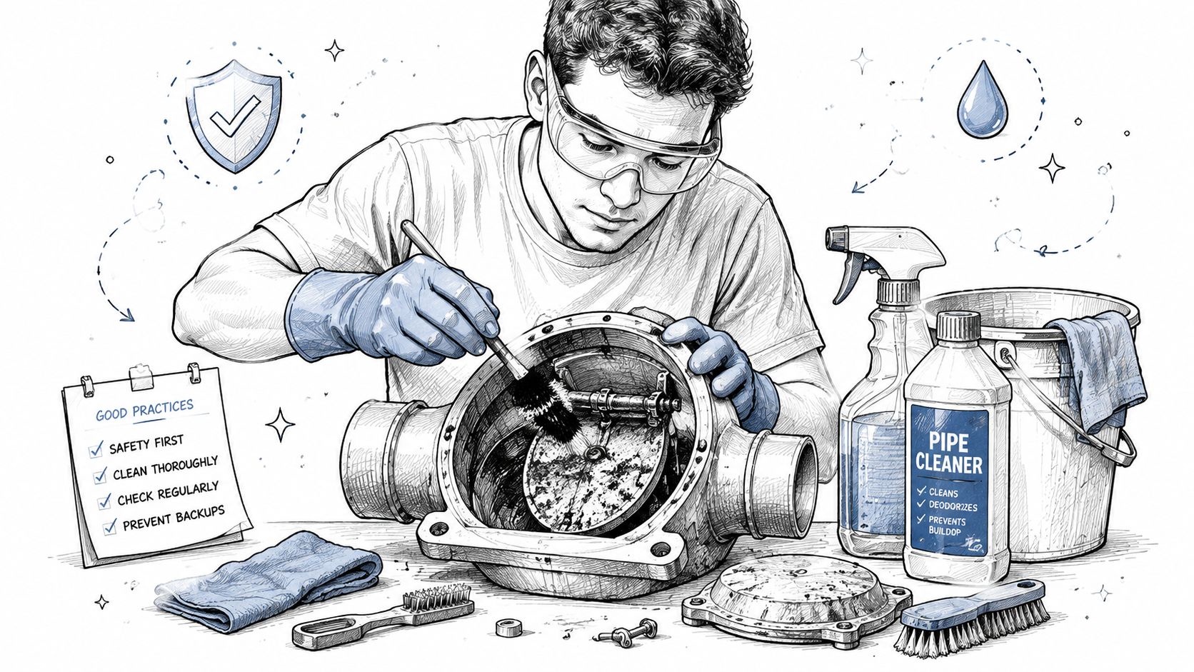 A technician wearing safety glasses and gloves cleaning a backwater valve with specialized tools and pipe cleaning supplies.