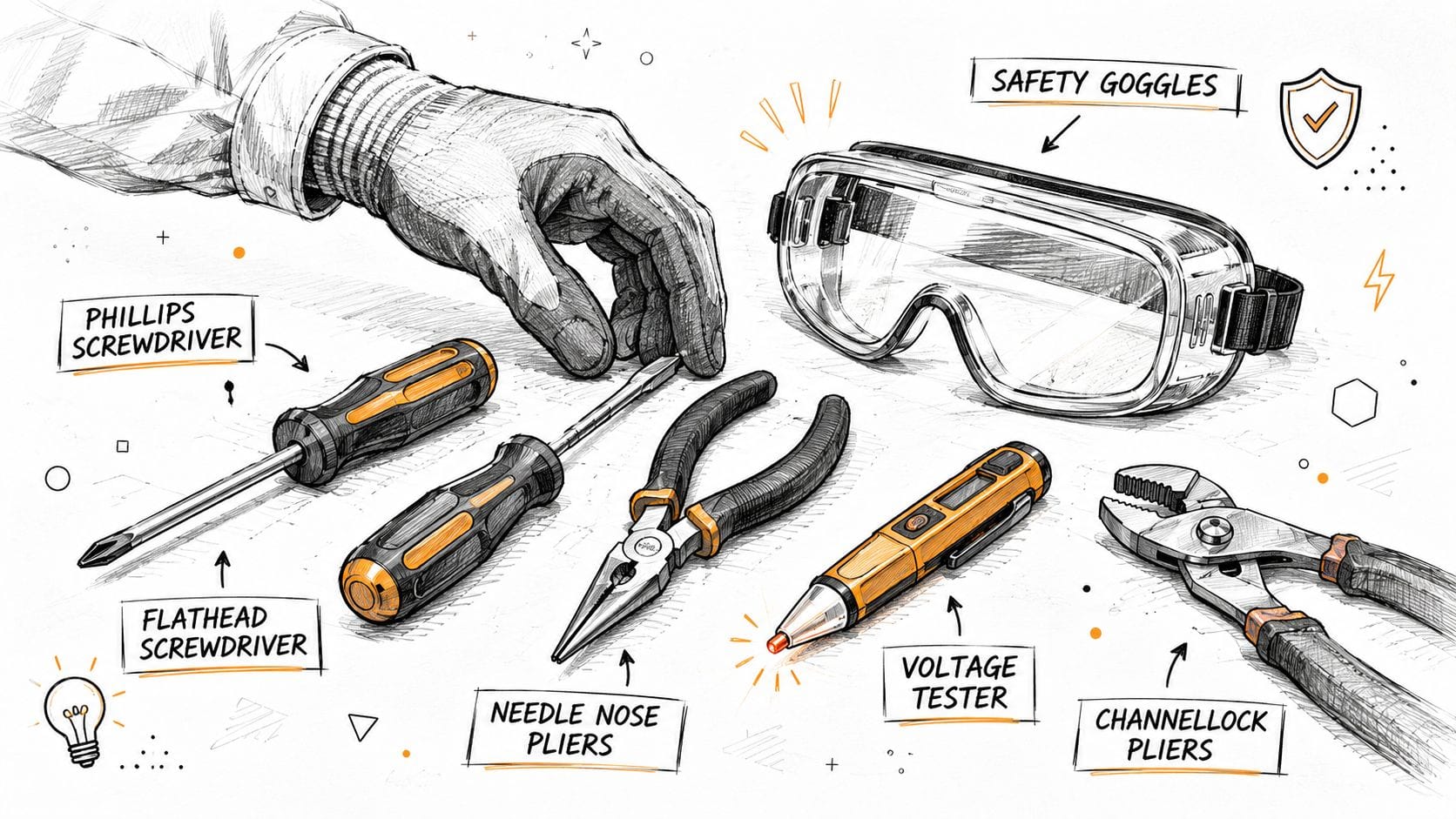 A hand-drawn illustration featuring essential electrical tools including safety goggles, screwdrivers, pliers, and a voltage tester.