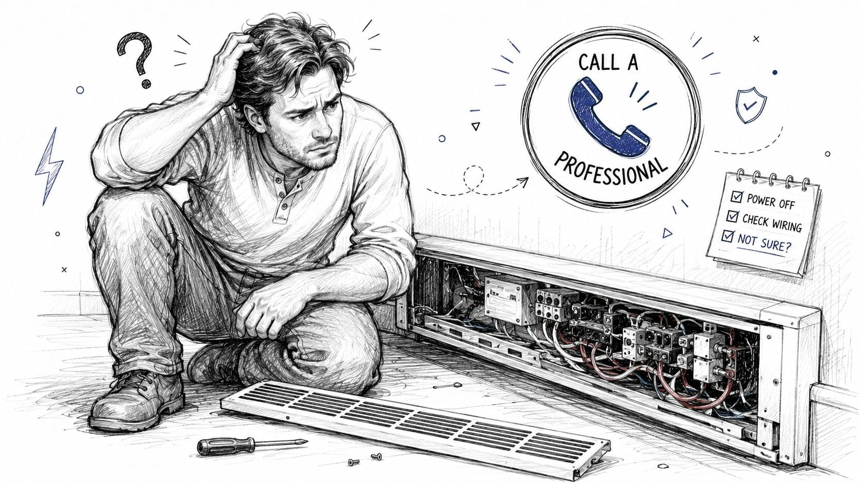 A confused man kneeling beside an open baseboard heater with tools, considering calling a professional electrician.