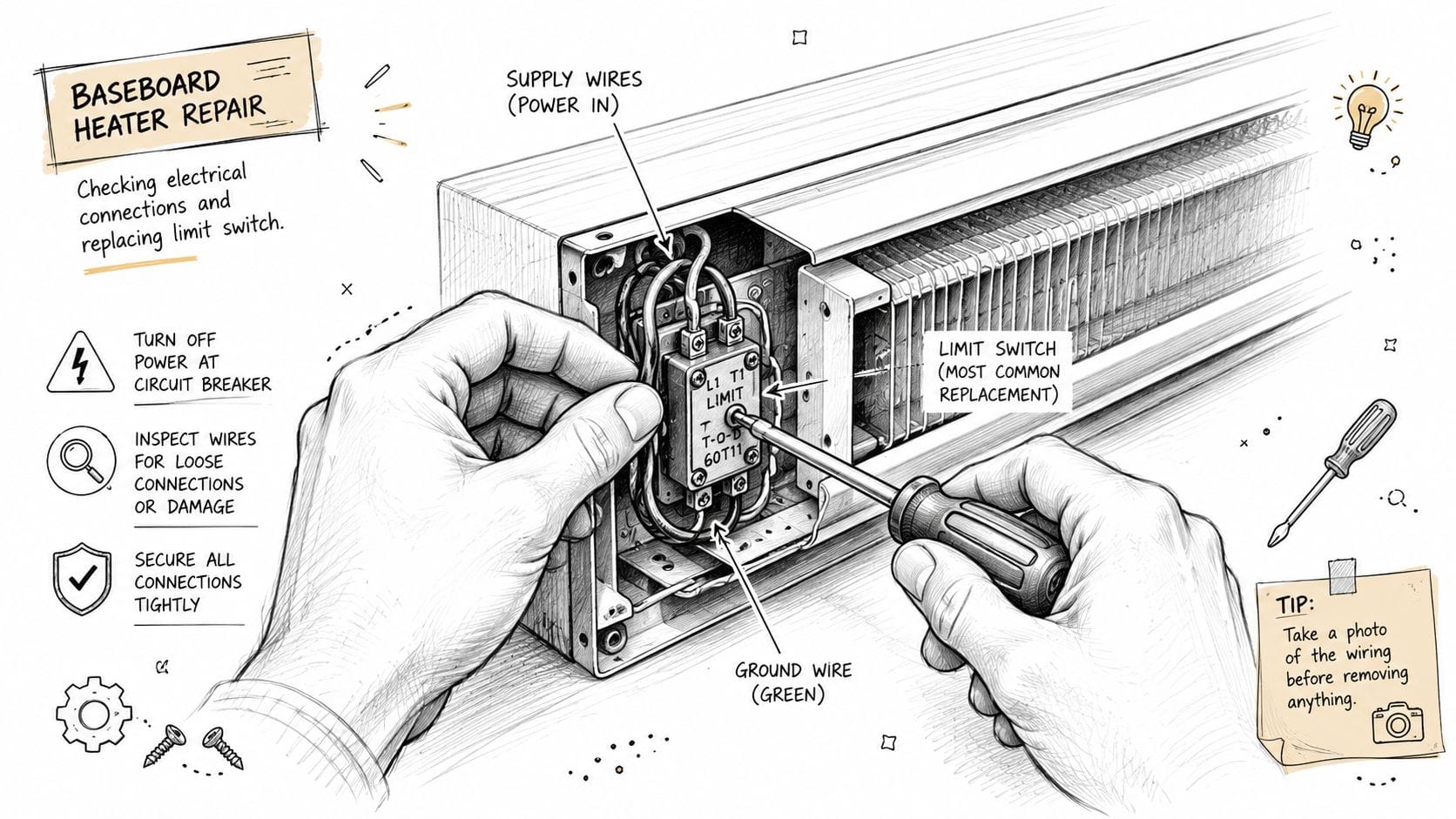 A detailed technical illustration showing the steps for performing a baseboard heater repair on a heating unit.