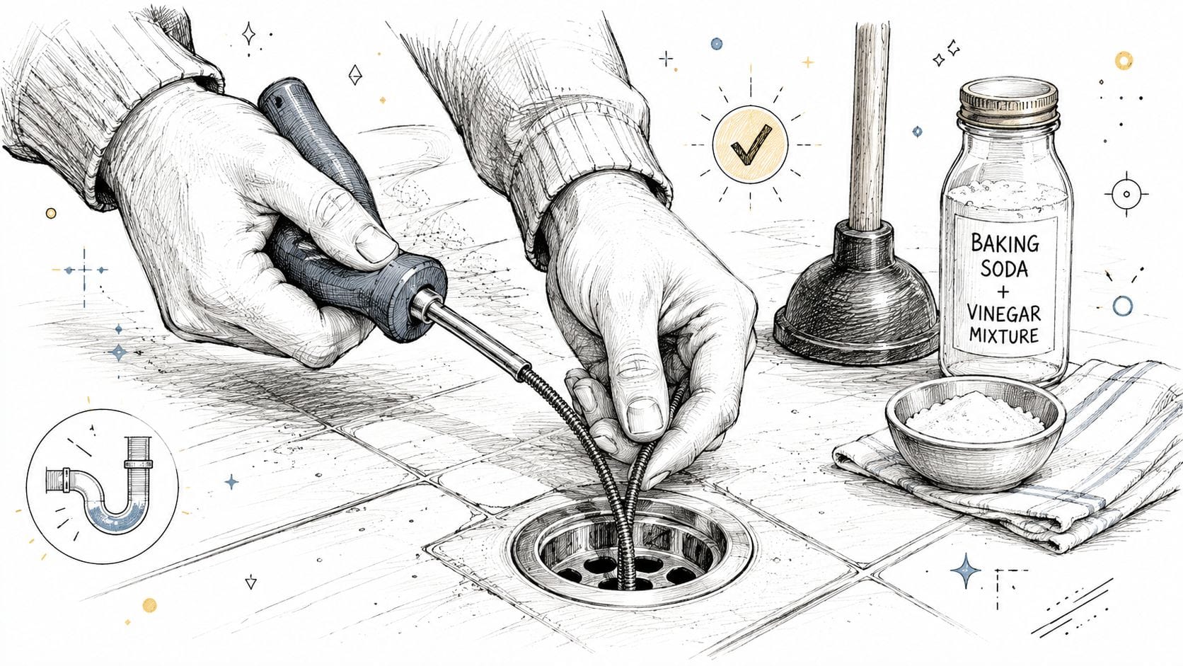 A person using a drain snake tool to clear a basement drain, with cleaning supplies nearby.