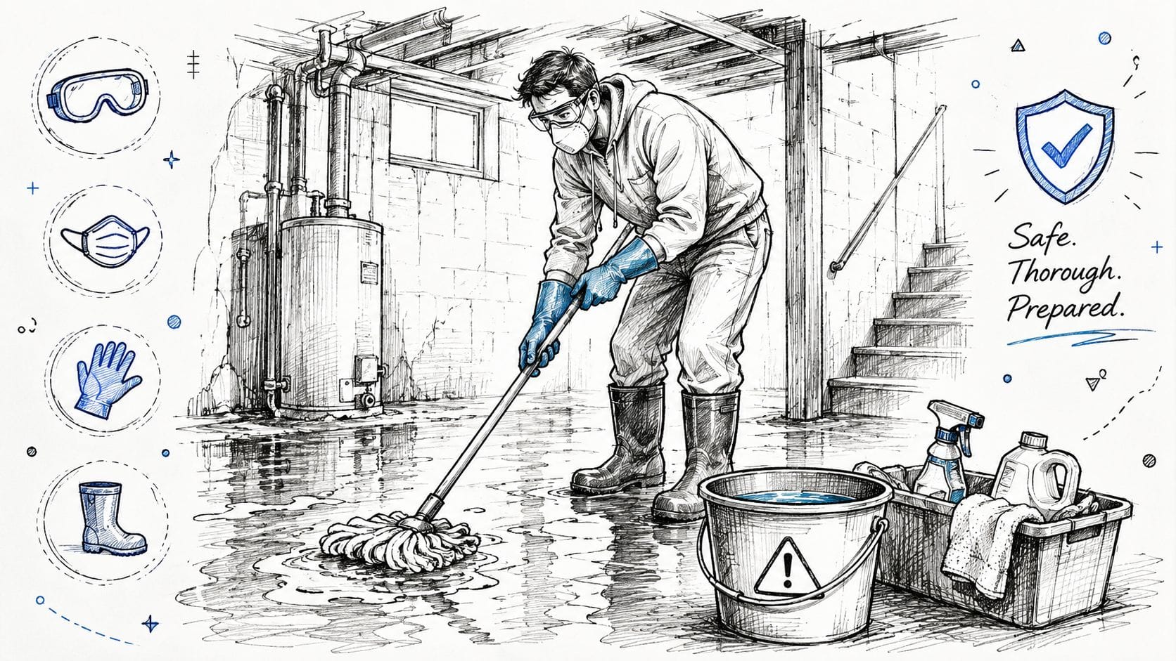 A person in protective gear cleaning up a flooded basement floor with a mop and bucket.