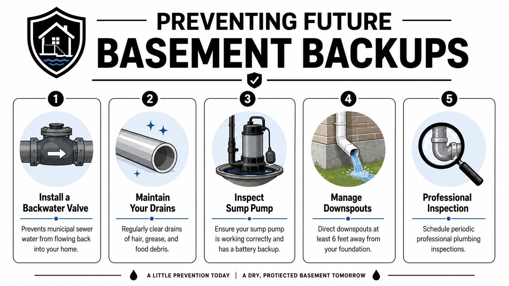 An infographic showing five essential steps to prevent water damage and basement backups in your home.