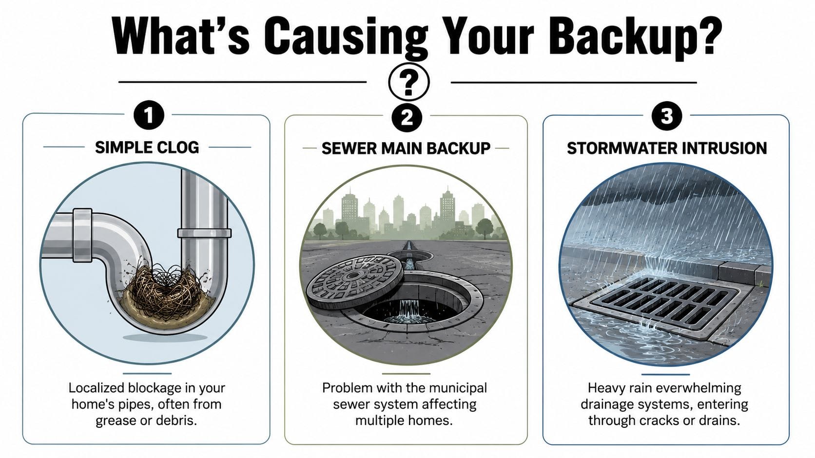 An infographic titled What Is Causing Your Backup showing three types of drainage issues: clogs, sewer main failures, and stormwater.