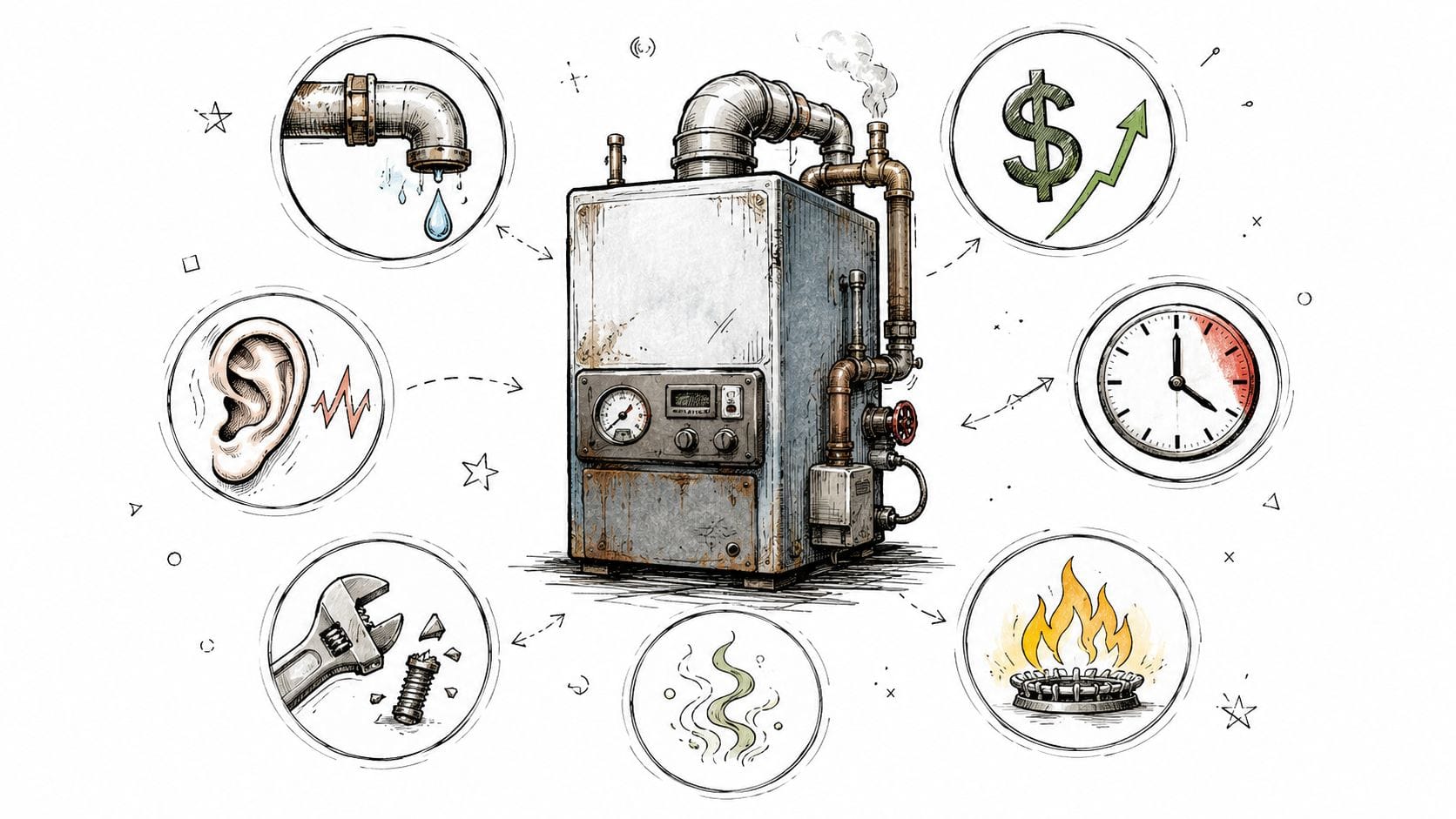 A central boiler surrounded by icons representing potential maintenance problems like leaks, high costs, and strange noises.