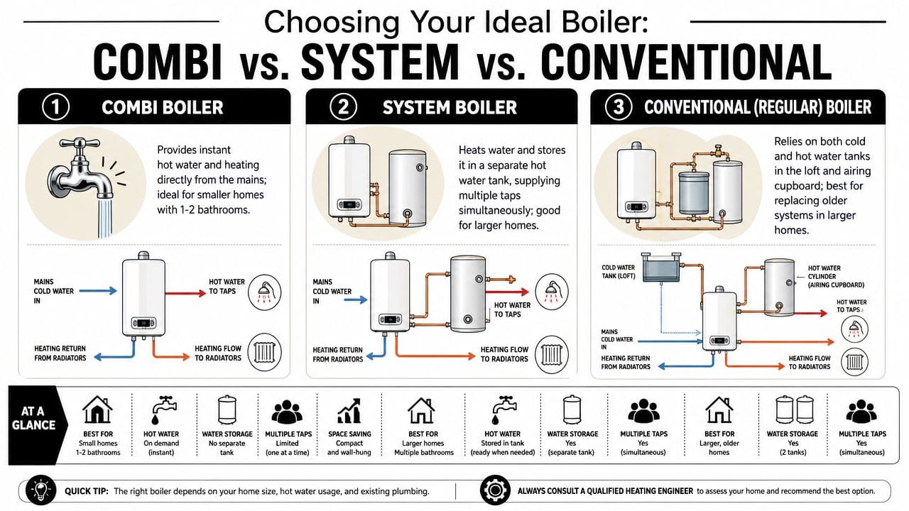 A comparison chart showing the differences between Combi, System, and Conventional residential home heating boilers.