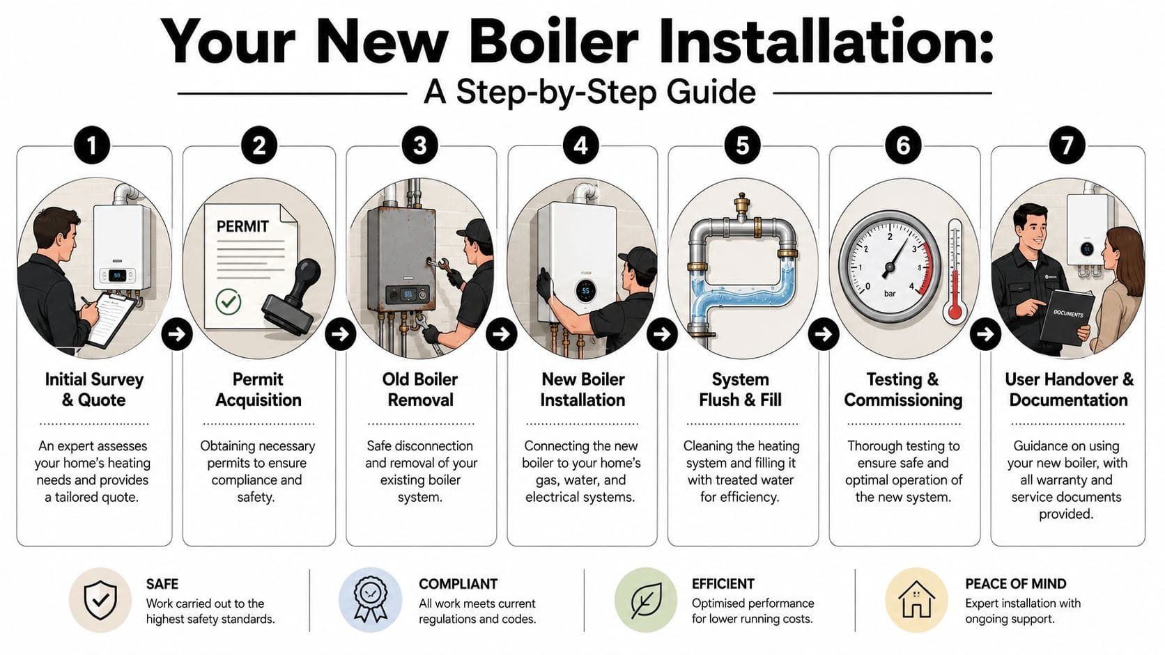 A step-by-step infographic illustrating the professional process of installing a new home boiler system.