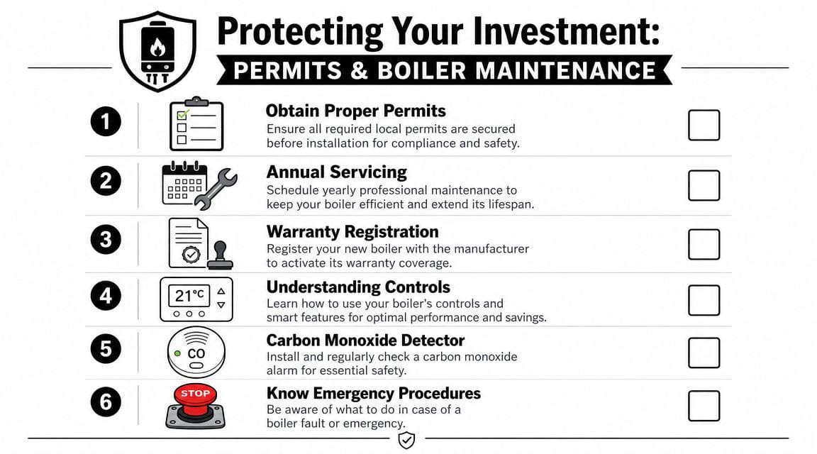 A checklist infographic titled Protecting Your Investment highlighting six essential steps for boiler maintenance and safety.