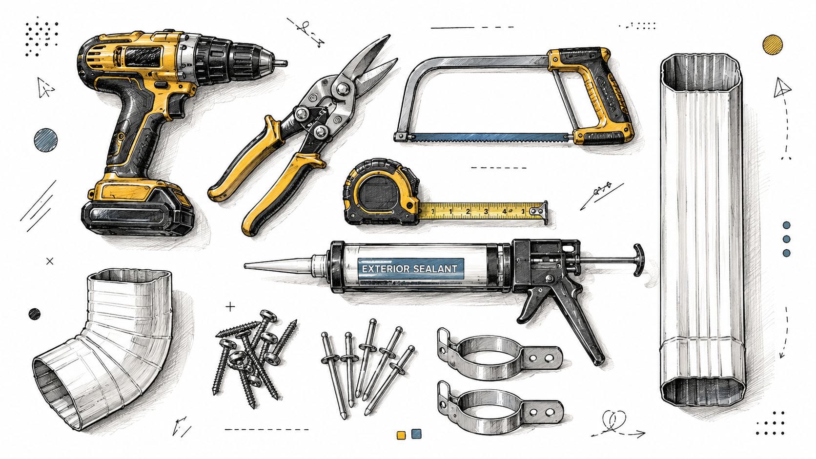 A flat lay illustration of essential tools and materials for installing a metal house gutter downspout.