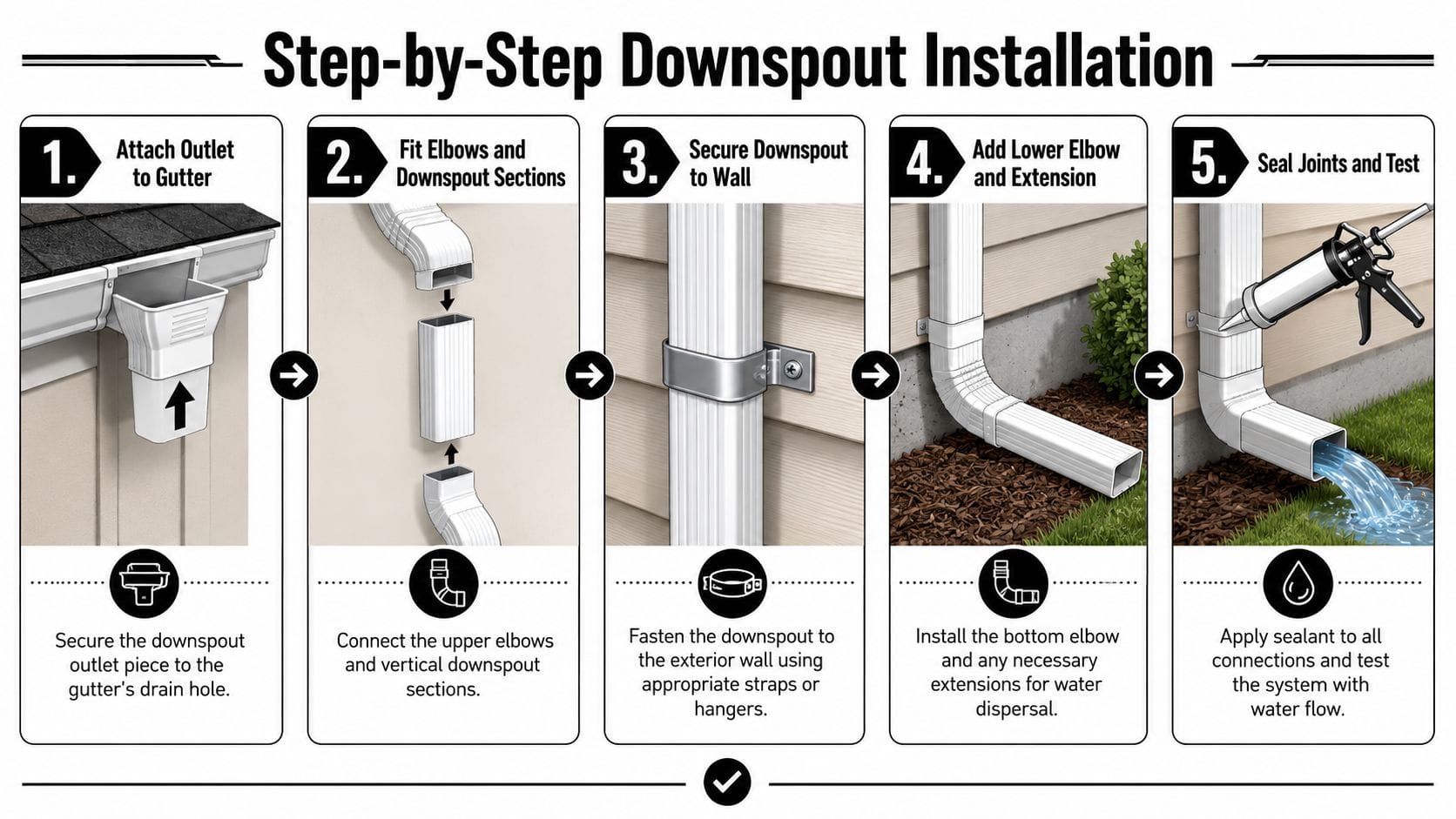 A step-by-step instructional graphic showing how to install a gutter downspout on the exterior of a house.
