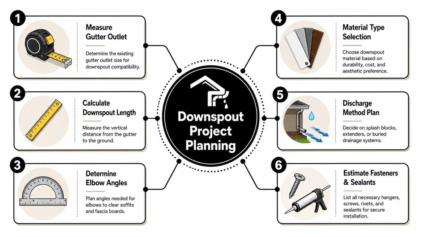 An infographic showing six essential steps for planning a successful residential downspout installation project.