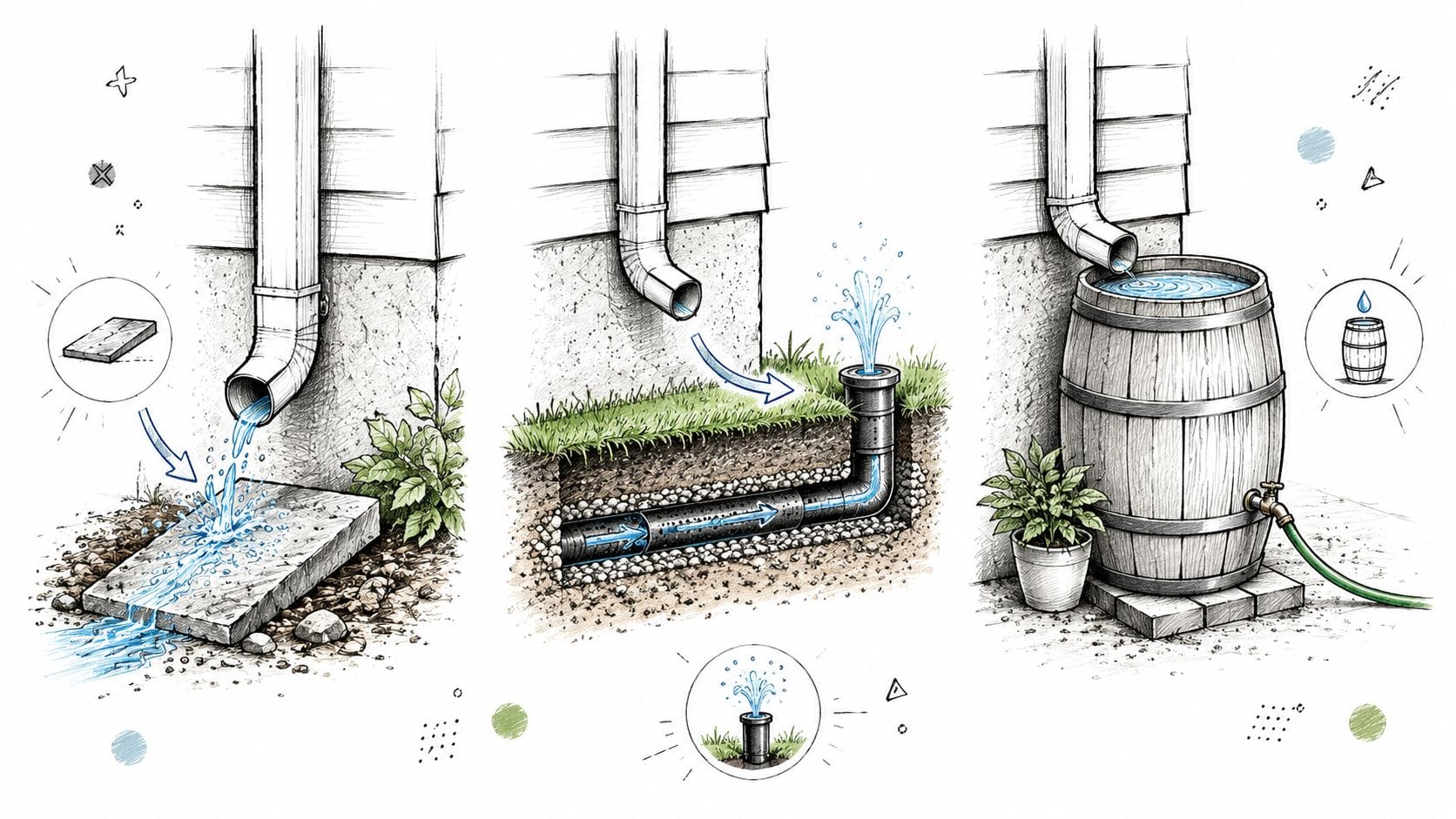 Three illustrations showing different methods for managing rainwater runoff from a home's gutter downspout system.