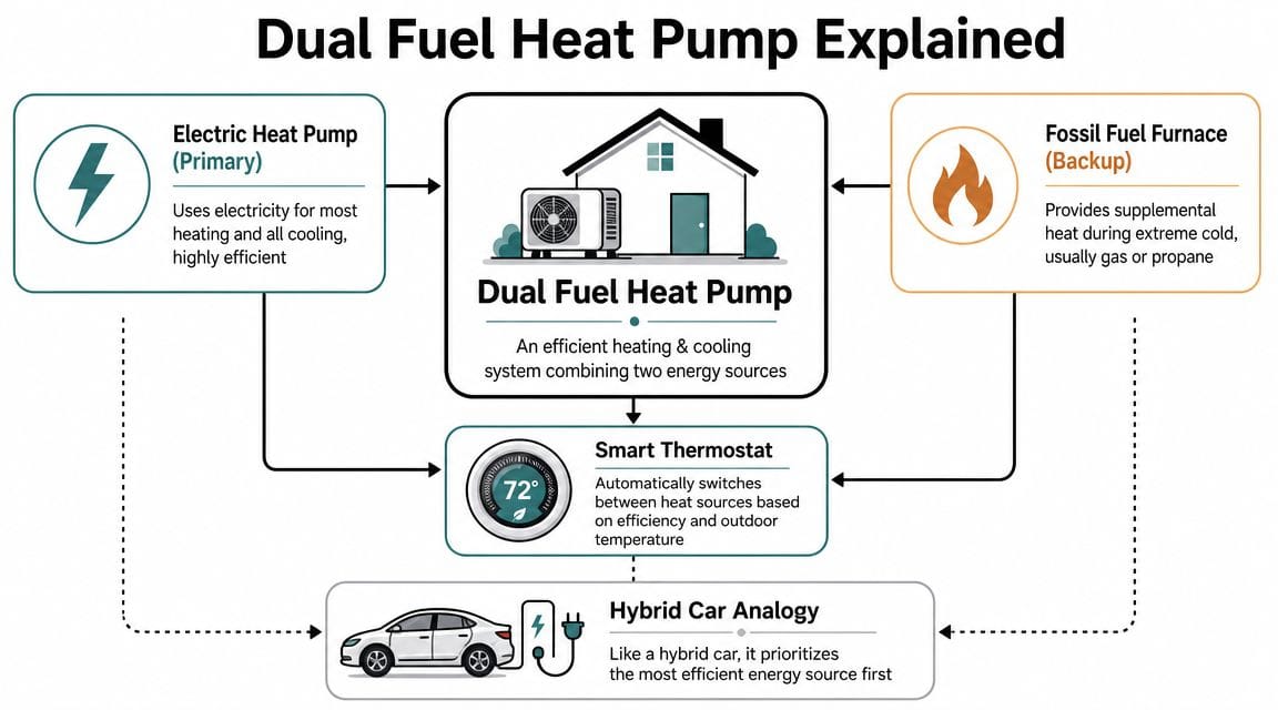 A diagram explaining how a dual fuel heat pump system uses both electricity and gas for efficiency.