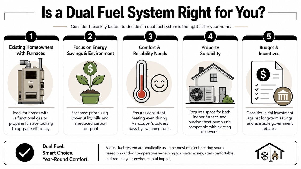 An infographic detailing five key factors to consider when deciding if a dual fuel heating system is right.