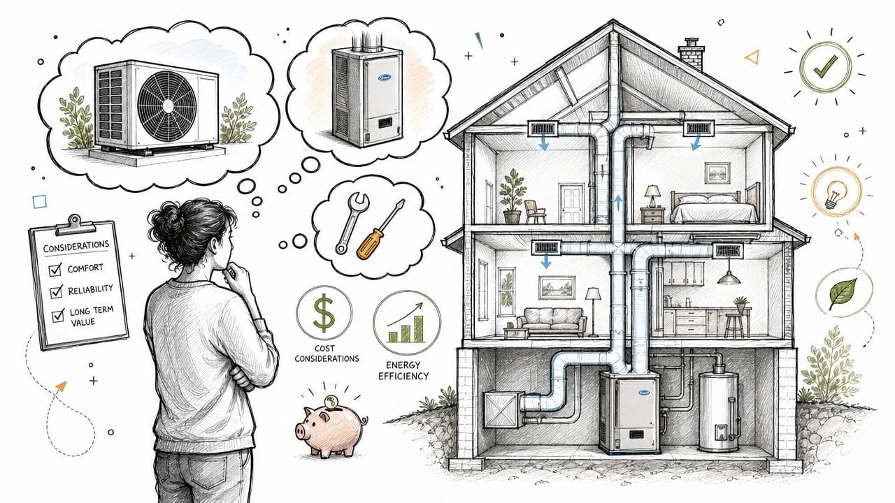 A woman contemplating a dual fuel heat pump system with heating and energy efficiency considerations for her home.