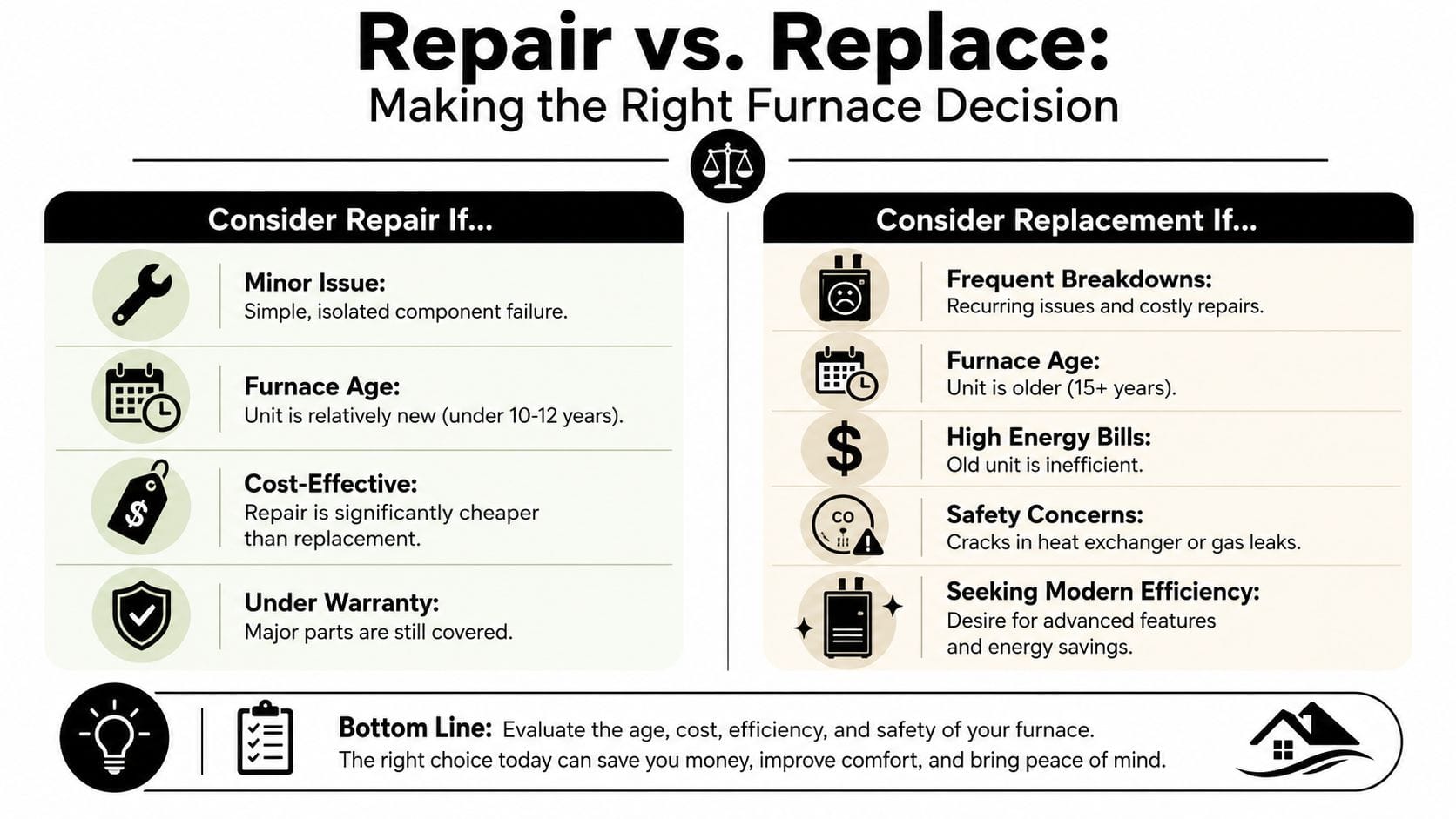 A decision chart comparing reasons to repair versus replace a furnace for homeowners and property managers.