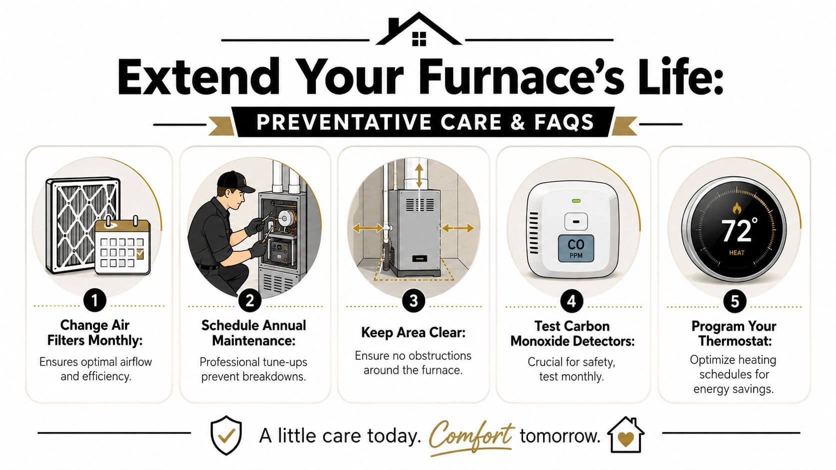 An infographic detailing five essential maintenance tips for homeowners to extend their furnace's life and efficiency.