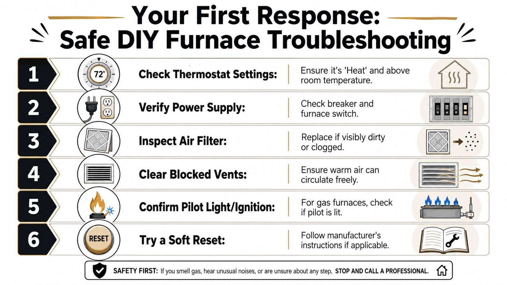 An instructional infographic detailing six safe DIY furnace troubleshooting steps for homeowners to perform.
