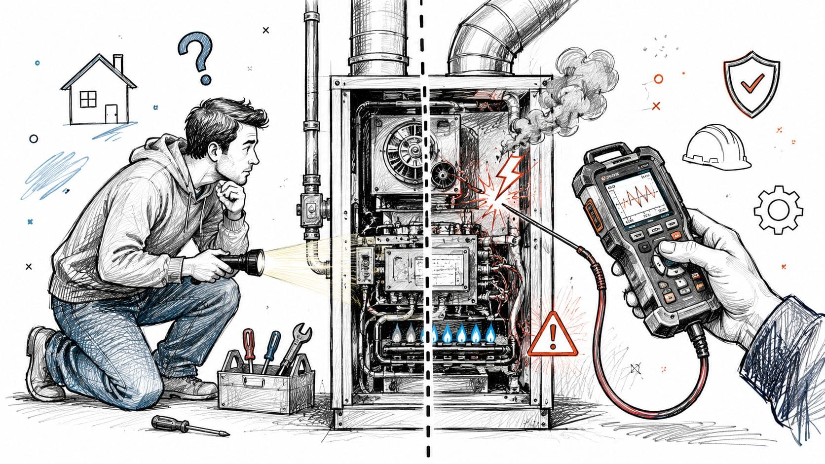 A technician inspecting a home furnace using a diagnostic tool to troubleshoot electrical or heating issues.
