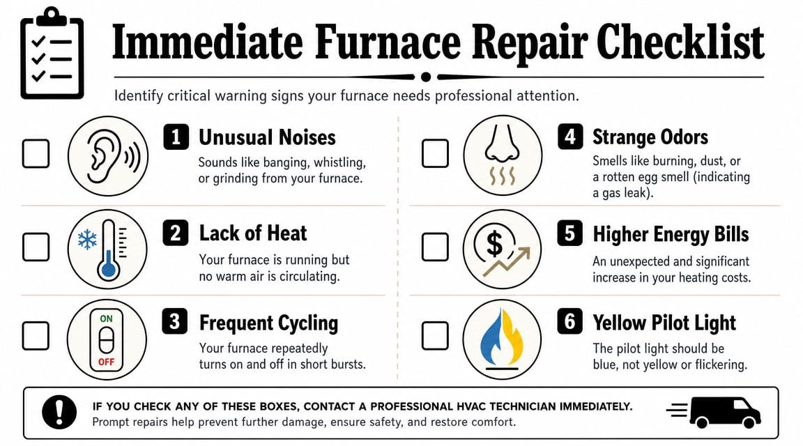 An infographic checklist outlining six critical warning signs that your furnace requires immediate professional repair services.
