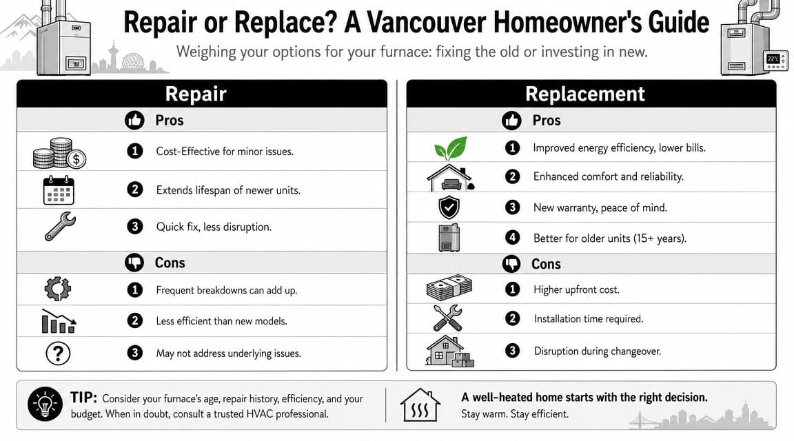 A comparison guide for Vancouver homeowners weighing the pros and cons of furnace repair versus furnace replacement.
