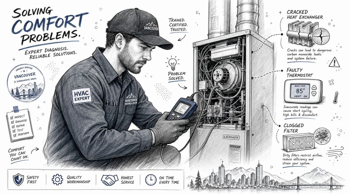 A professional HVAC technician inspecting a residential furnace to diagnose comfort problems and ensure system safety.