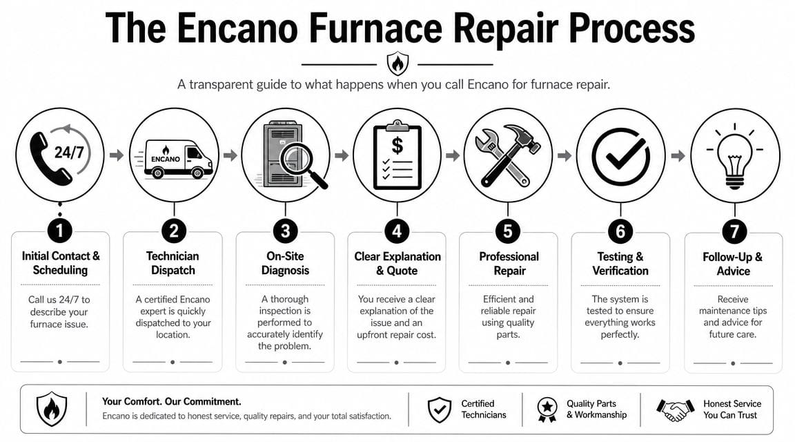 A flowchart infographic detailing the seven-step furnace repair process by Encano from contact to follow-up.