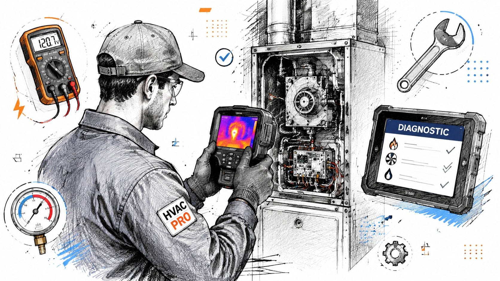 A professional HVAC technician inspects a residential gas furnace using thermal imaging and diagnostic tablet tools.